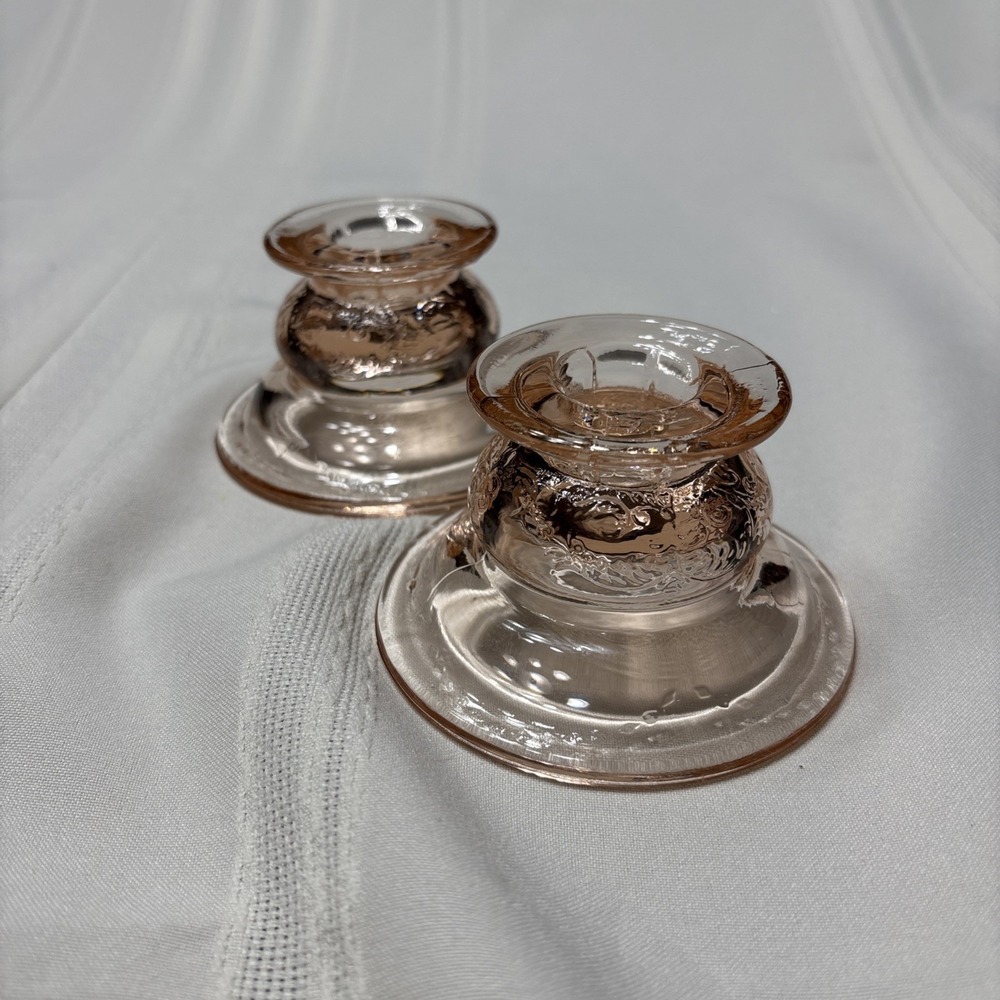 Vintage Pink Peach Depression Glass Candlestick Holders